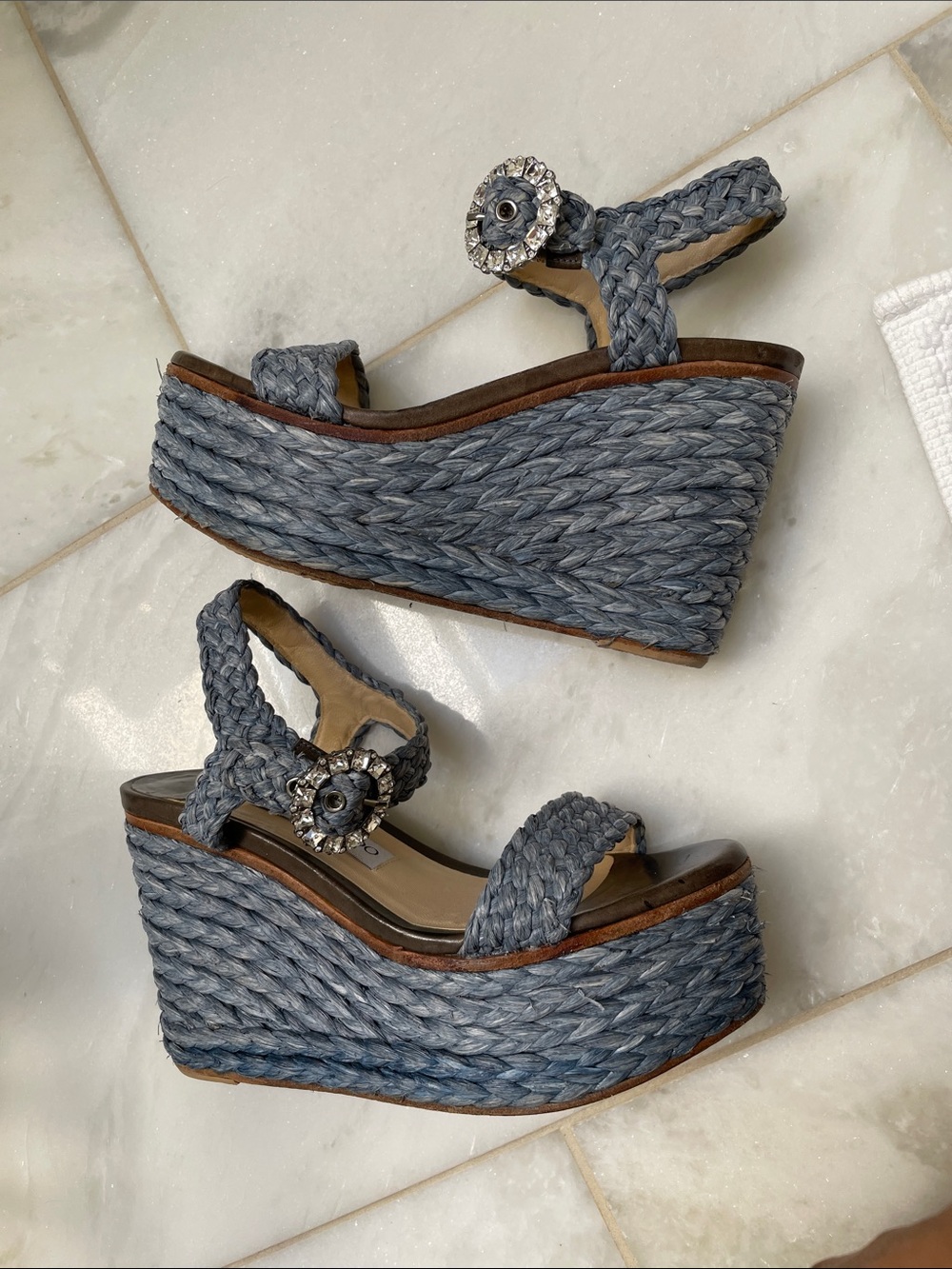 Jimmy Choo Denim Blue Braided Platform Wedge Sandals